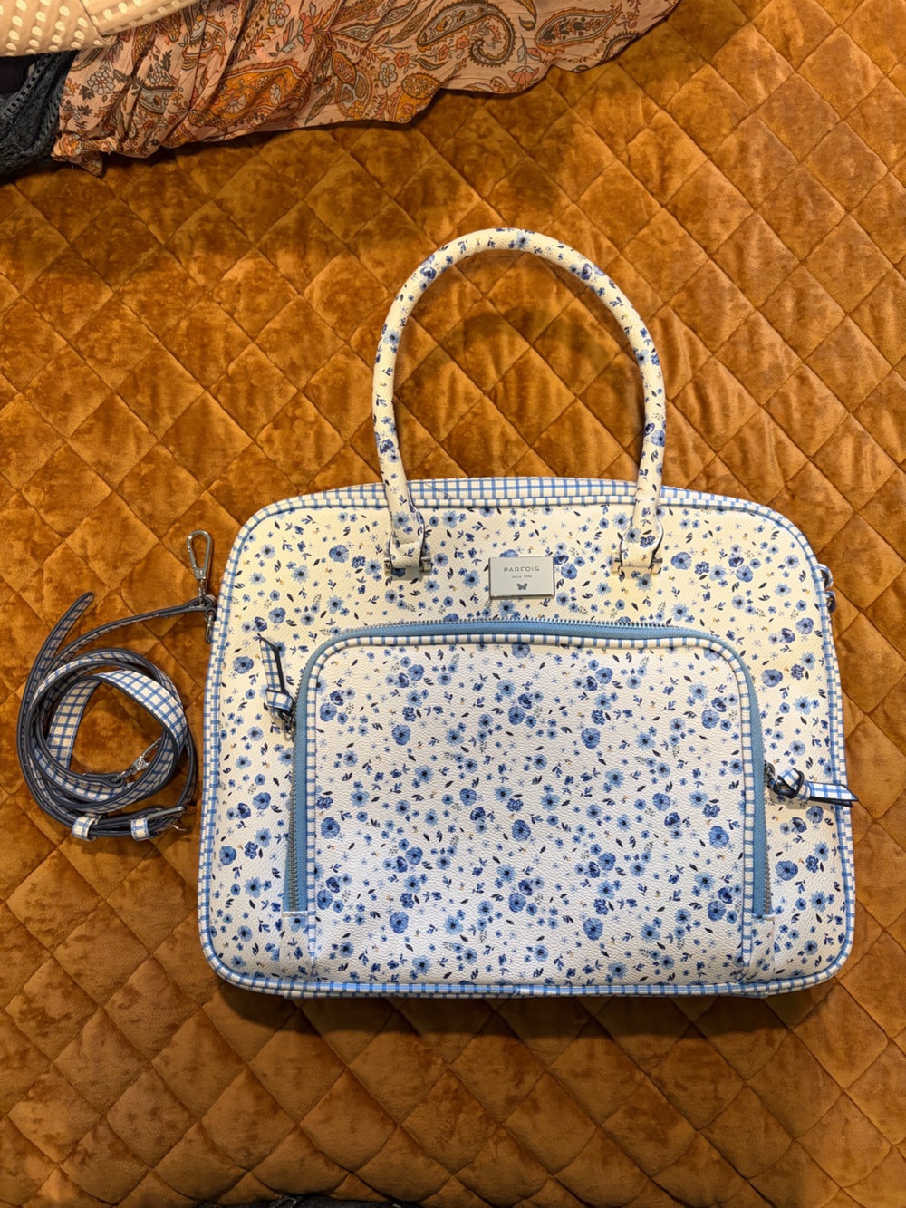 Parfois Light Blue Floral Laptop bag with Gingham Trim